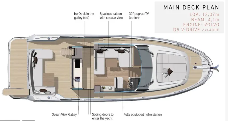  Yacht Photos Pics Main deck plan of 2025 Prestige F4.3 yacht, featuring spacious saloon and ocean view galley.
