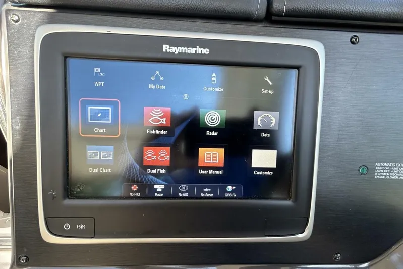  Yacht Photos Pics Raymarine navigation display on 2016 Sea Ray 350 Sundancer boat dashboard.