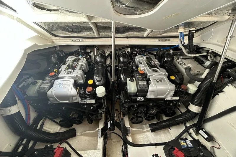  Yacht Photos Pics Engine compartment of a 2016 Sea Ray 350 Sundancer with dual V8 engines.