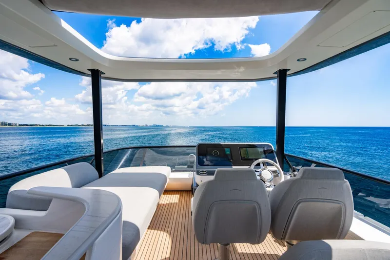 Effortless Yacht Photos Pics Luxurious 2023 Azimut Fly 68 yacht interior with ocean view and modern seating.