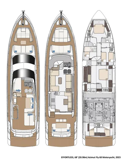 Effortless Yacht Photos Pics 2023 Azimut Fly 68 yacht floor plan, showcasing luxurious interior and deck layout.