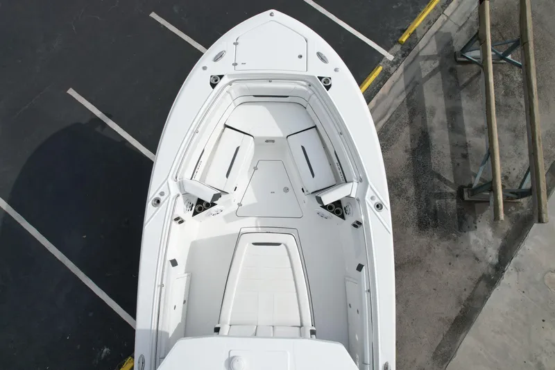  Yacht Photos Pics Aerial view of 2023 Blackfin 332 CC boat's spacious deck layout.