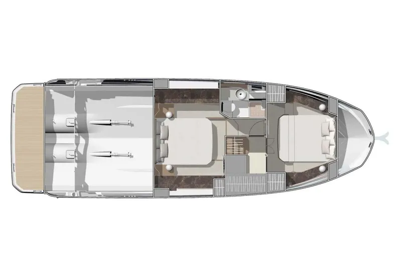  Yacht Photos Pics Manufacturer Provided Image: Top view layout of 2026 Prestige F4.3 yacht interior, featuring bedrooms and bathroom.
