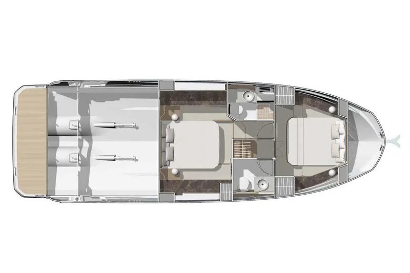  Yacht Photos Pics Manufacturer Provided Image: Top view layout of 2026 Prestige F4.3 yacht, featuring two bedrooms and bathrooms.