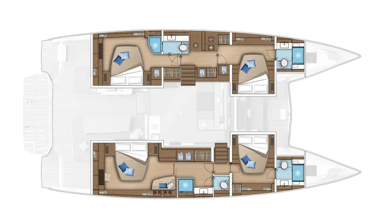  Yacht Photos Pics Floor plan of 2023 Lagoon 55 catamaran, featuring spacious cabins and modern amenities.