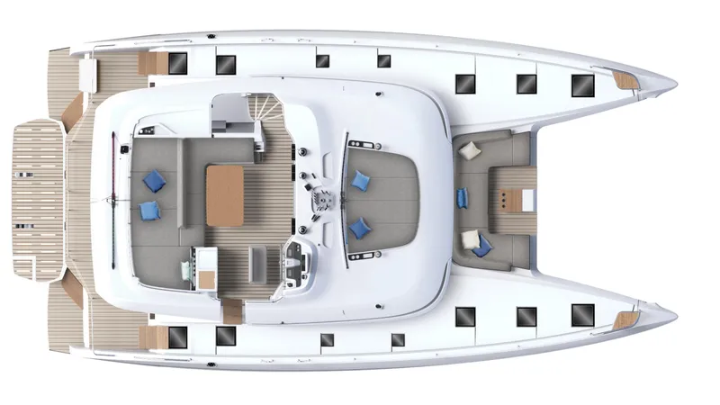  Yacht Photos Pics Top view of 2023 Lagoon 55 catamaran layout with spacious deck and seating areas.