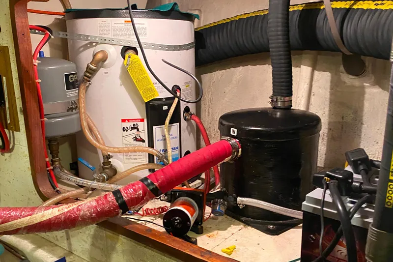  Yacht Photos Pics Engine room of 1980 Ocean Alexander 50 MK1 with water heater and plumbing components.