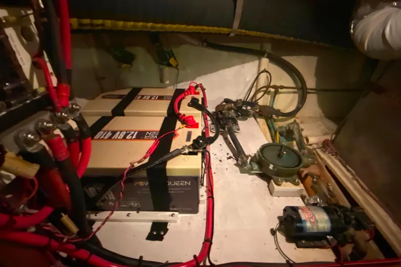  Yacht Photos Pics Engine room of 1980 Ocean Alexander 50 MK1 with batteries and wiring.