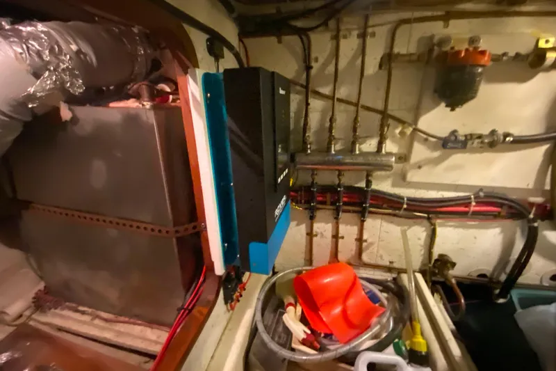  Yacht Photos Pics Engine room of 1980 Ocean Alexander 50 MK1 yacht with equipment and wiring.