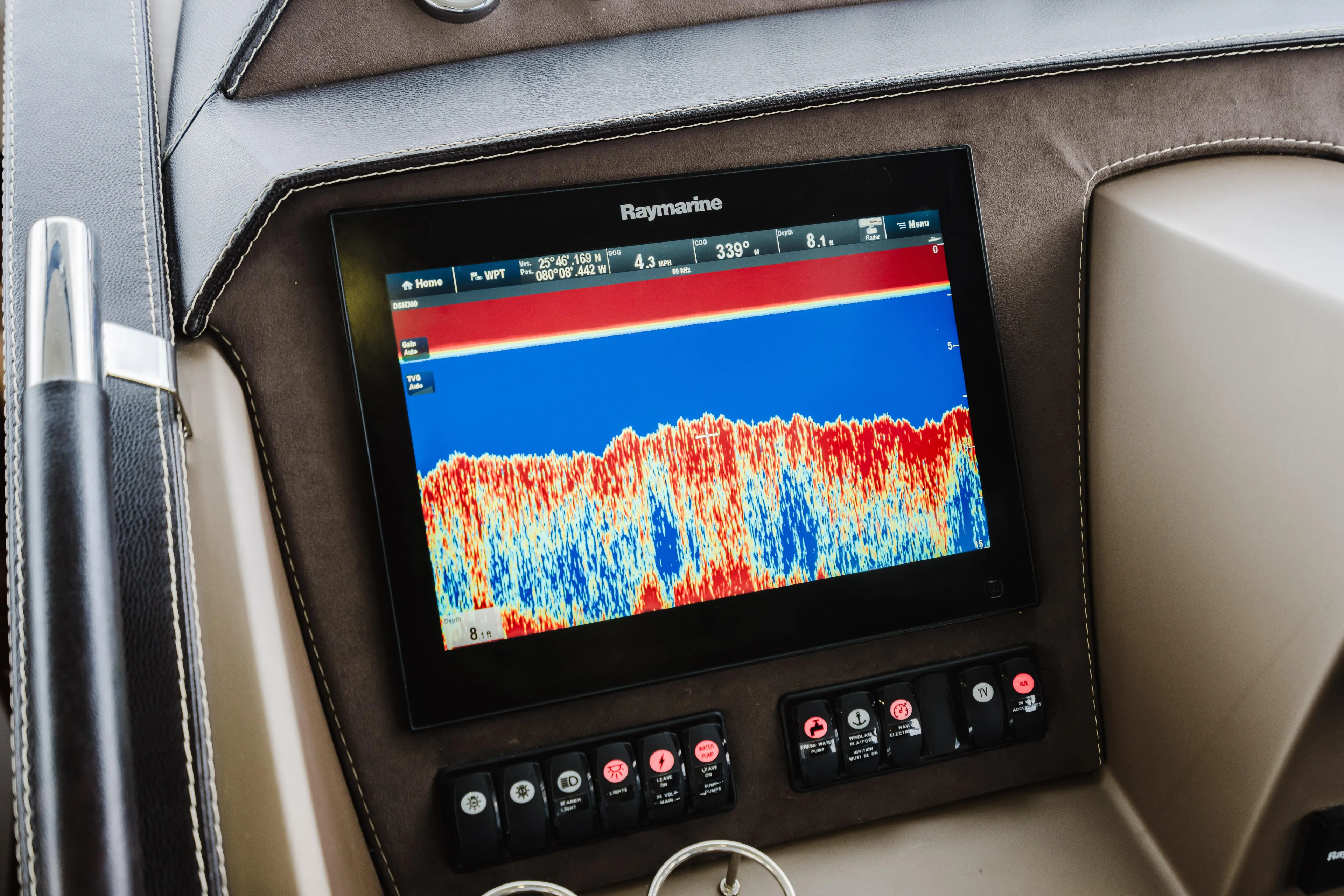 Worldwide Yacht Photos Pics Raymarine display on 2014 Prestige 620 Fly yacht, showing sonar data and control panel.