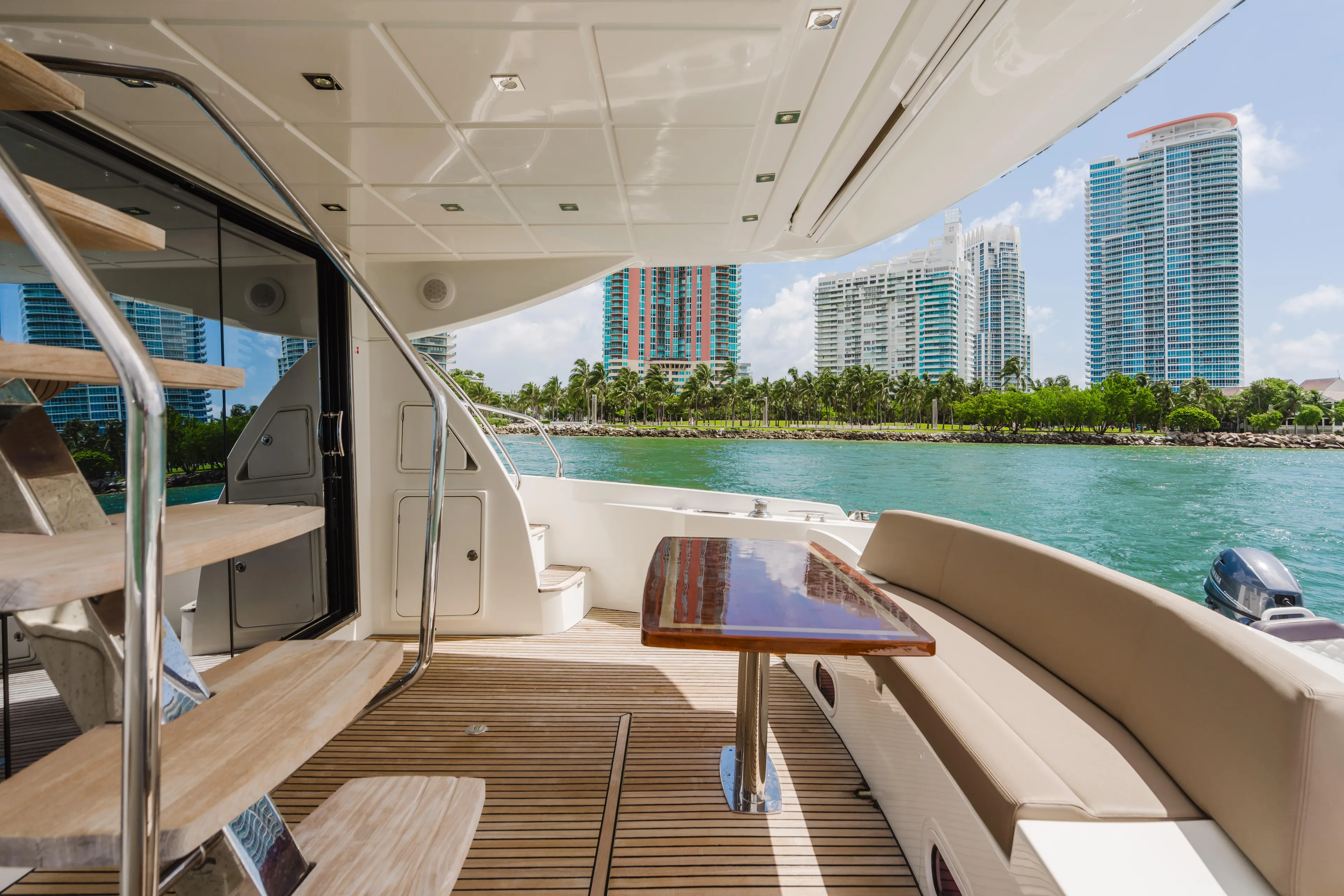 Worldwide Yacht Photos Pics Luxury yacht deck of 2014 Prestige 620 Fly with city skyline view.