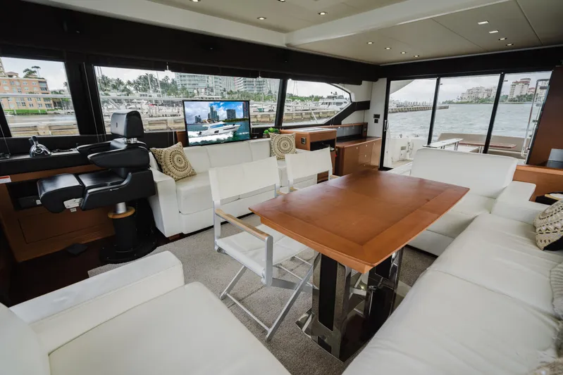 Worldwide Yacht Photos Pics Luxurious interior of 2014 Prestige 620 Fly yacht with modern seating and large windows.