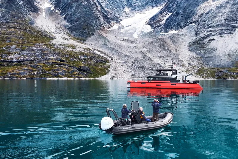 Vanguard Yacht Photos Pics Expedition yacht Naval Yachts XPM 78 in scenic mountain fjord, 2023 model.