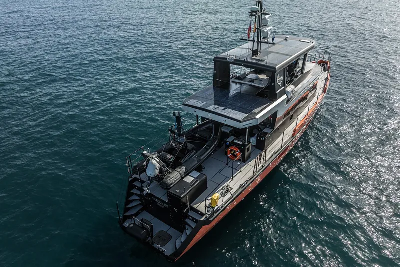 Vanguard Yacht Photos Pics 2023 Naval Yachts XPM 78 cruising on open water, aerial view.