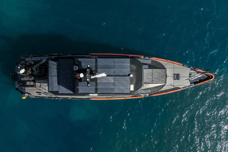 Vanguard Yacht Photos Pics Aerial view of 2023 Naval Yachts XPM 78 on blue ocean water.