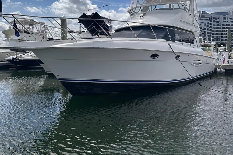 Double Eagle Yacht Photos Pics 2005 Silverton 42 Convertible yacht docked at marina under cloudy sky.