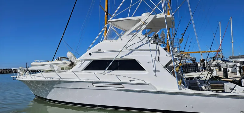 True Grit Yacht Photos Pics 1995 Bertram Convertible yacht docked in marina under clear blue sky.