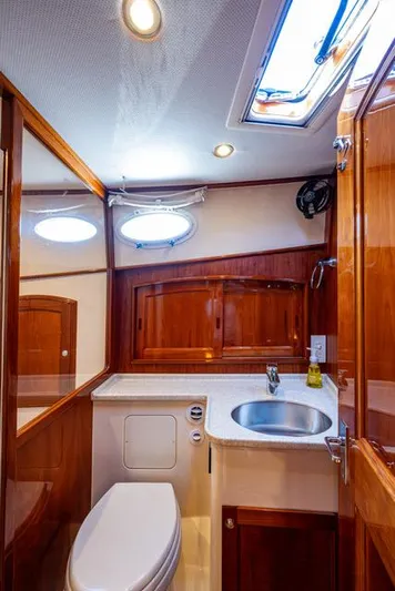 Virginia Yacht Photos Pics 2013 Hinckley Talaria 48 Flybridge bathroom with wood accents, skylight, and modern fixtures.