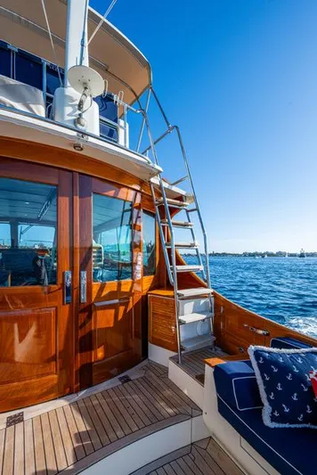 Virginia Yacht Photos Pics Hinckley Talaria 48 Flybridge 2013 yacht with wooden deck and ocean view.