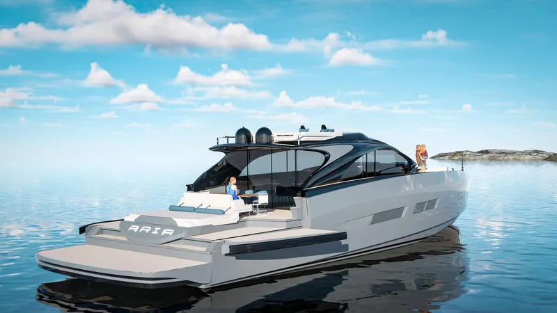 Aria 78 Yacht Photos Pics Luxury yacht Centouno Navi Aria 2026 on calm sea under blue sky.