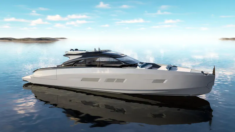 Aria 78 Yacht Photos Pics Luxury Centouno Navi Aria yacht, 2026 model, cruising on calm waters under a clear sky.