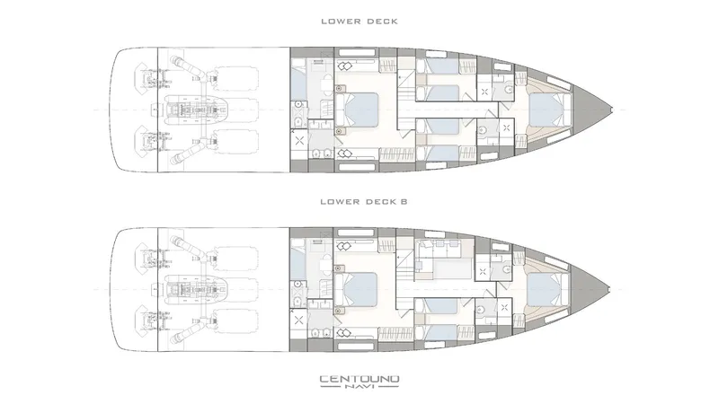 Aria 78 Yacht Photos Pics Deck plans of Centouno Navi Aria 2026 yacht, showcasing lower deck layouts.