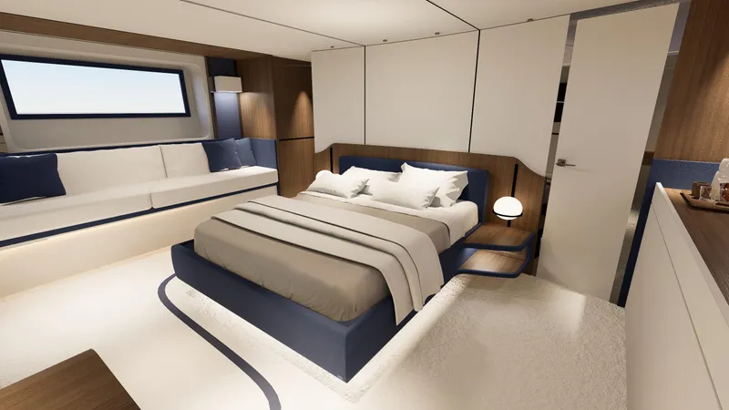 Aria 78 Yacht Photos Pics Luxurious 2026 Centouno Navi Aria yacht bedroom with modern design and elegant furnishings.