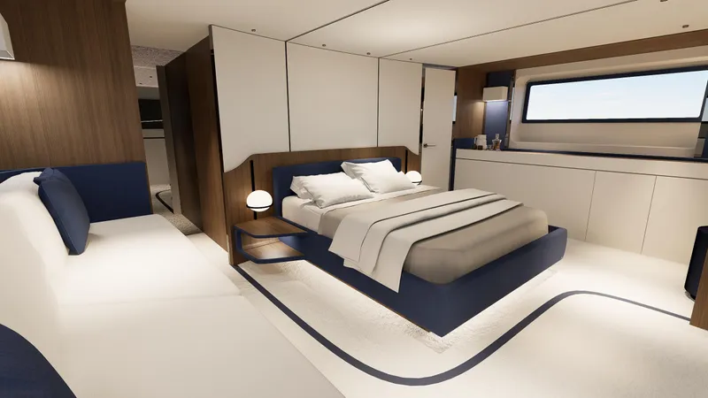 Aria 78 Yacht Photos Pics Luxurious bedroom interior of 2026 Centouno Navi Aria yacht, featuring modern design and elegant furnishings.