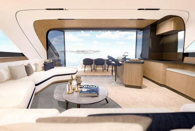 Aria 78 Yacht Photos Pics Luxurious interior of 2026 Centouno Navi Aria yacht with modern design and ocean view.