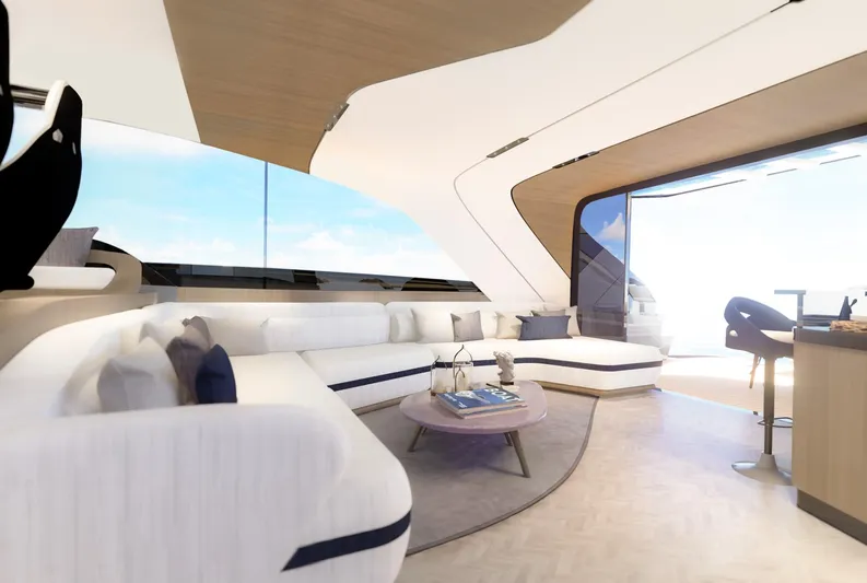 Aria 78 Yacht Photos Pics Luxurious interior of 2026 Centouno Navi Aria yacht with modern design and elegant furnishings.