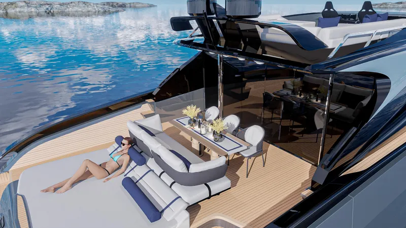 Aria 78 Yacht Photos Pics Luxurious 2026 Centouno Navi Aria yacht with sunbathing area and elegant dining setup.