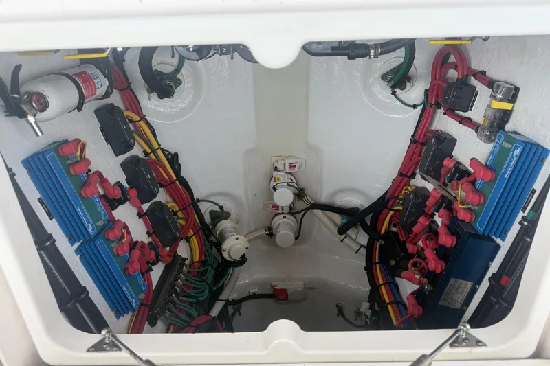 Day Dreams Yacht Photos Pics Electrical system of a 2021 Intrepid 409 Valor boat, featuring wiring and components.