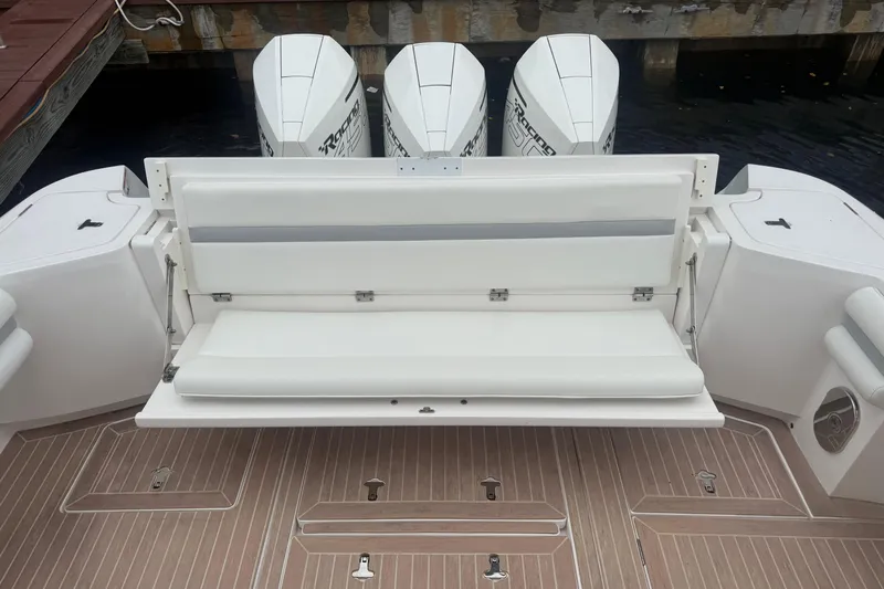 Day Dreams Yacht Photos Pics 2021 Intrepid 409 Valor boat with foldable seating and powerful outboard engines.