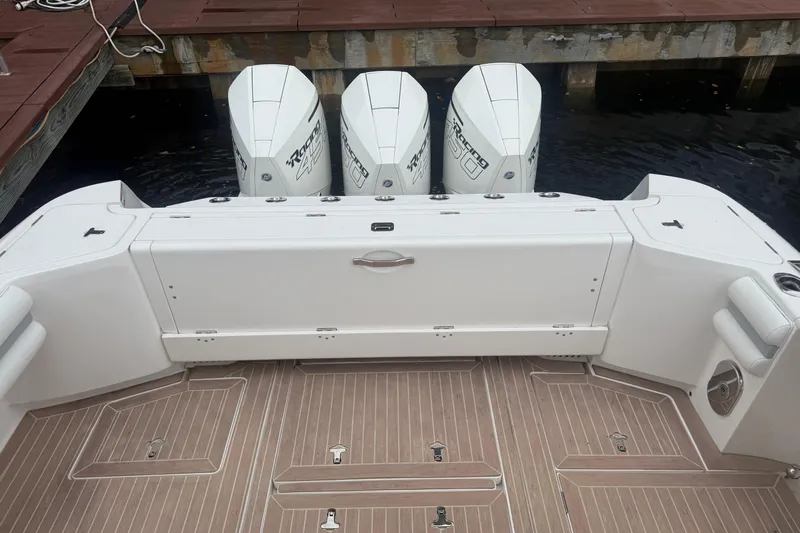 Day Dreams Yacht Photos Pics 2021 Intrepid 409 Valor boat with quad Mercury Racing outboard engines at dock.