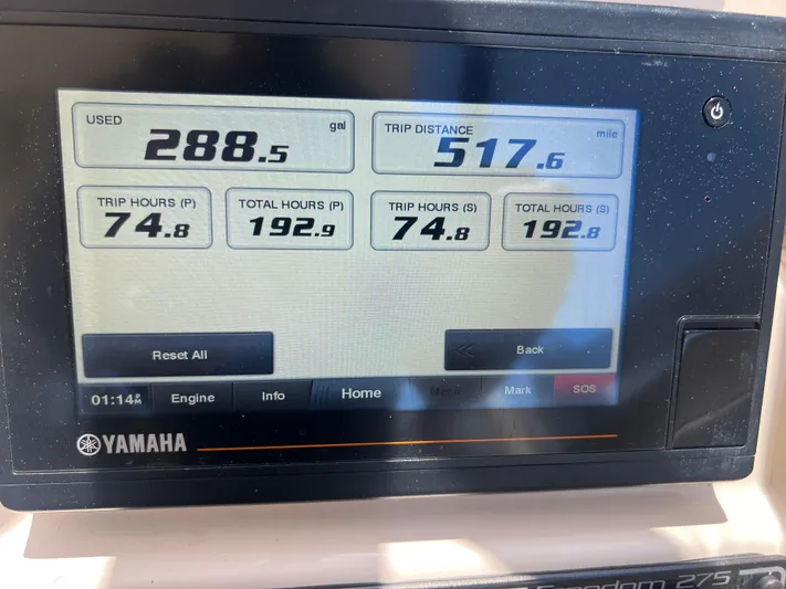(no Name) Yacht Photos Pics Yamaha display showing fuel usage and trip data on 2019 Grady-White 275 boat.