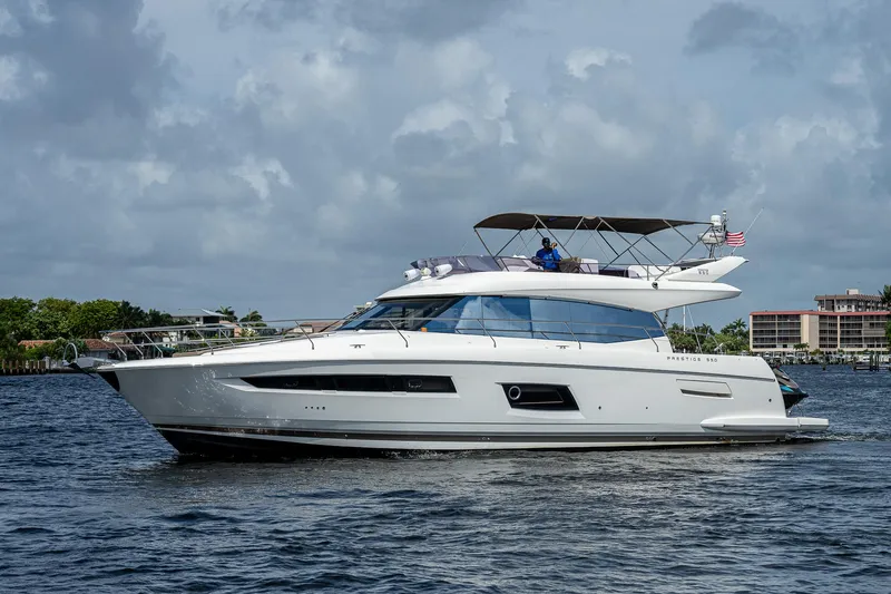 Lifesaver Yacht Photos Pics Luxury 2014 Prestige 550 yacht cruising on a calm waterway under cloudy skies.