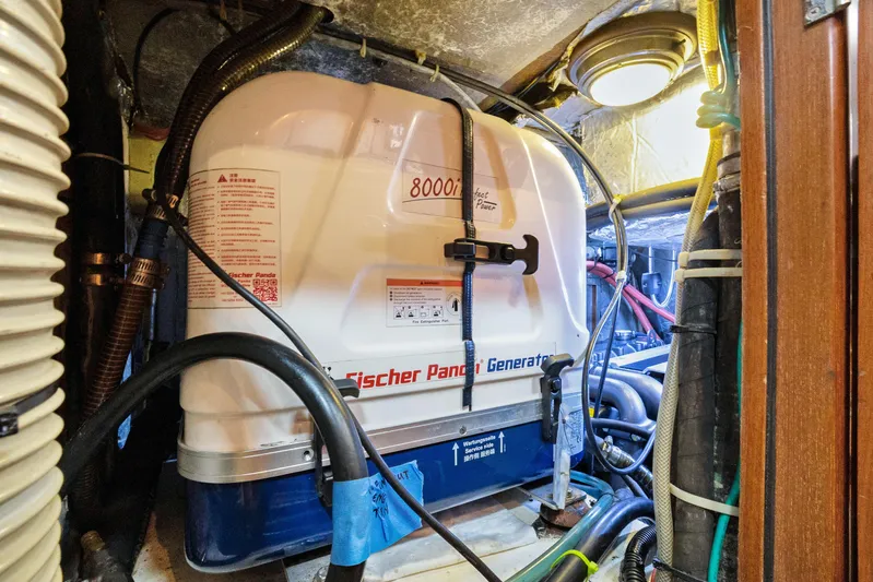 Southern Cross Yacht Photos Pics Engine room of a 2004 Hylas 46 yacht with Fischer Panda generator.