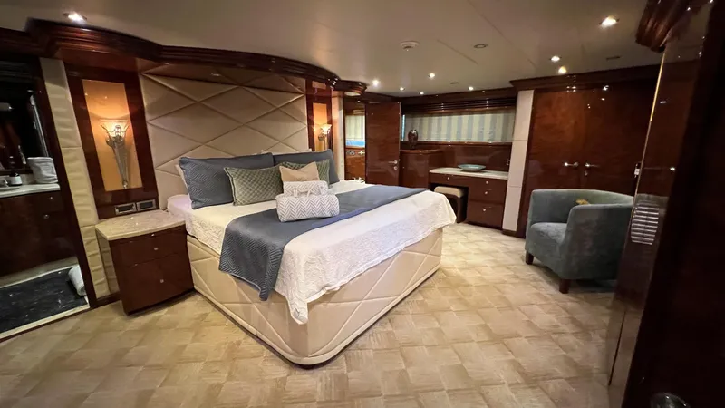 Missy B II Yacht Photos Pics Luxurious 2005 Hargrave Custom Yacht bedroom with elegant decor and spacious layout.