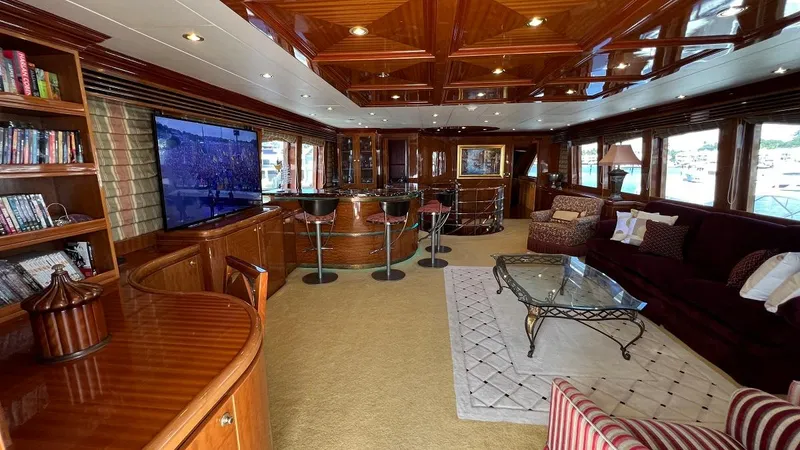 Missy B II Yacht Photos Pics Luxurious interior of a 2005 Hargrave Custom Yacht with elegant wood finishes and modern amenities.