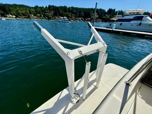  Yacht Photos Pics Bayliner 3988 (2002) boat with davit system on a sunny marina.