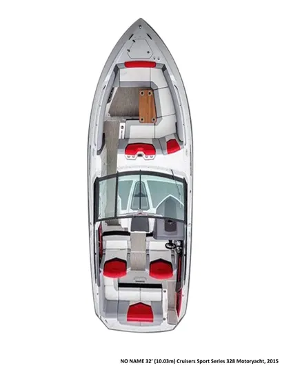  Yacht Photos Pics Top view of 2015 Cruisers Sport Series 328 motor yacht with red and white interior.