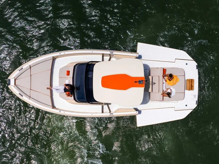  Yacht Photos Pics Aerial view of 2026 Bellini Astor 36 yacht cruising on water.