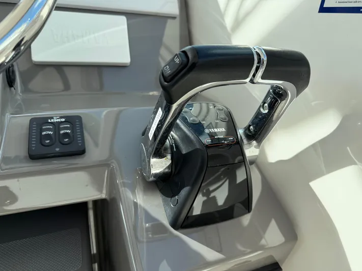  Yacht Photos Pics Close-up of 2017 Pursuit DC 325 Dual Console boat controls with Yamaha throttle.