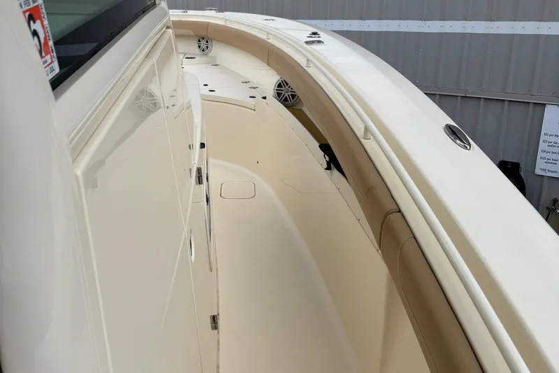  Yacht Photos Pics 2019 Scout 350 LXF boat deck, featuring sleek design and modern amenities.