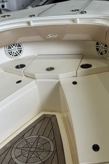  Yacht Photos Pics 2019 Scout 350 LXF boat interior with speakers and cup holders.