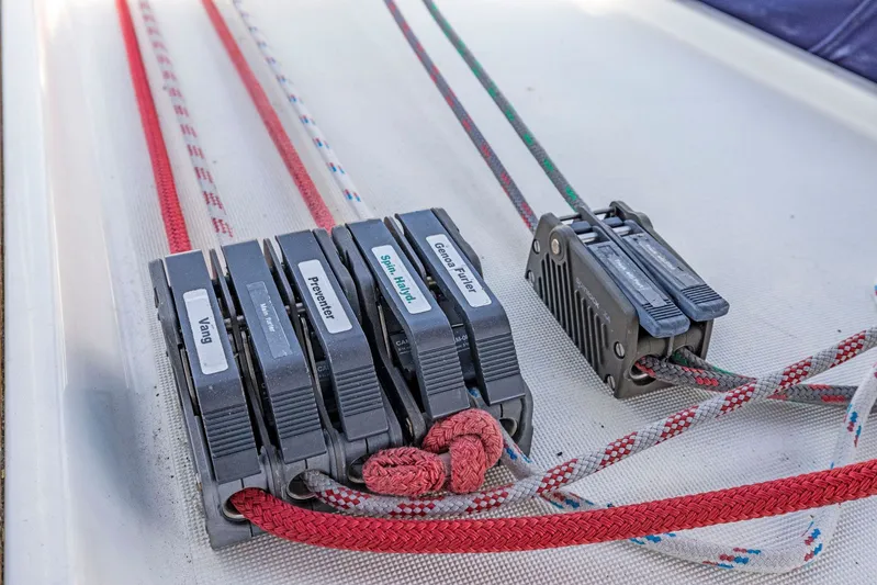 Crazy Horse Yacht Photos Pics Close-up of rope clutches on a 2001 Jeanneau Sun Odyssey 52.2 sailboat deck.