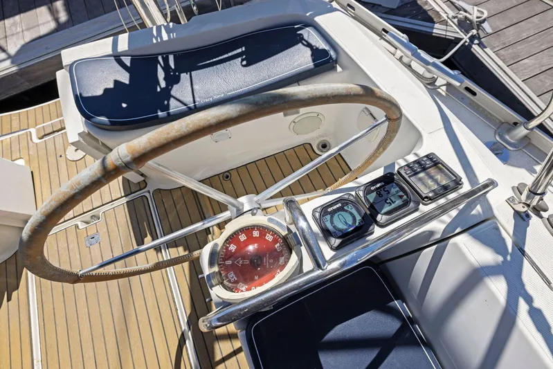 Crazy Horse Yacht Photos Pics Steering wheel and instruments on a 2001 Jeanneau Sun Odyssey 52.2 sailboat.