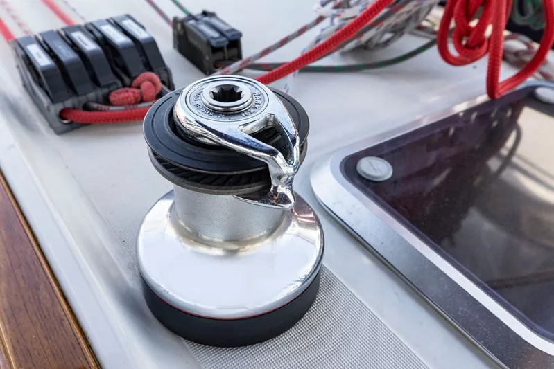 Crazy Horse Yacht Photos Pics Winch and ropes on Jeanneau Sun Odyssey 52.2 sailboat deck, 2001 model.