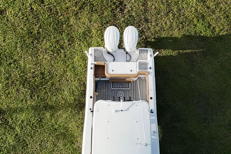  Yacht Photos Pics Top view of 2023 Seahunt 30 GameFish Coffin box boat on grass.