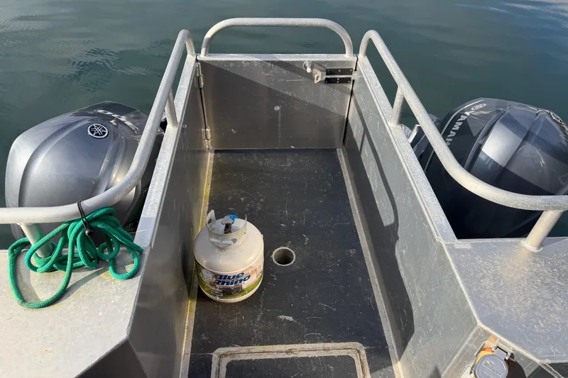 C Lady Yacht Photos Pics 2020 Armstrong Marine 35 boat deck with twin Yamaha outboards and propane tank.